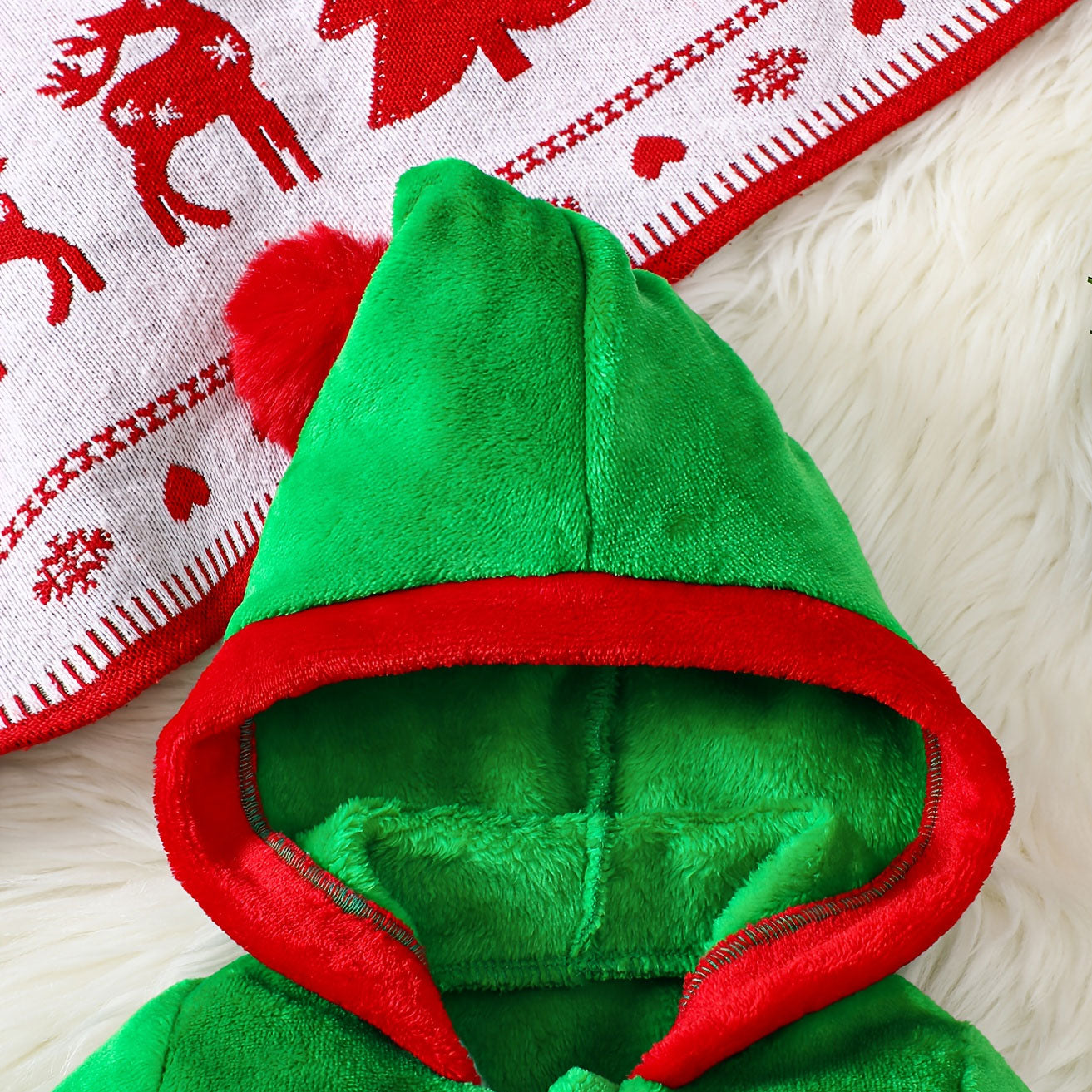 Christmas Elf Printed Zipper Long Sleeve Hoodie Fuzzy Baby Jumpsuit