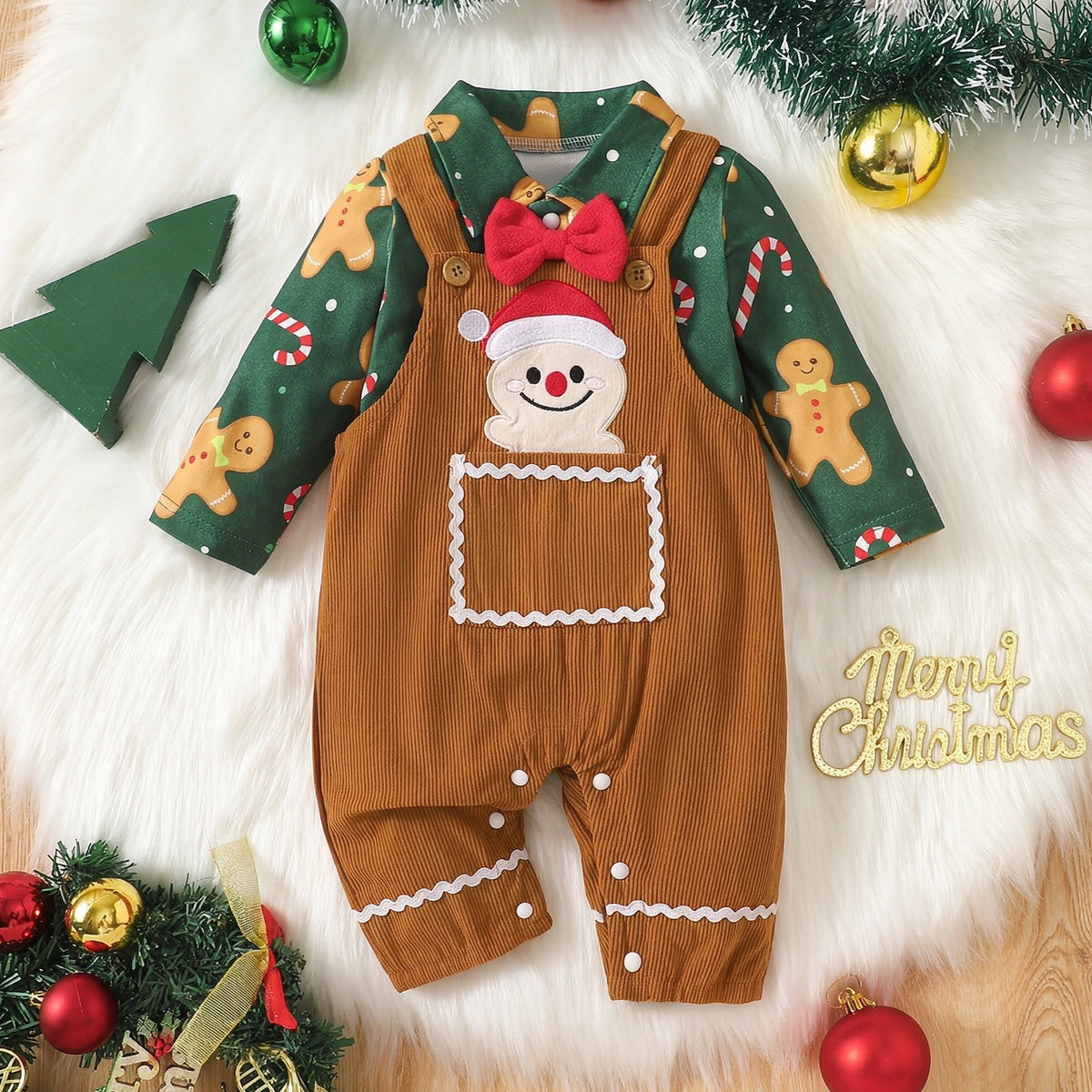 2PCS Gingerbread Man Candy Cane Print Long Sleeve Baby Overalls Set