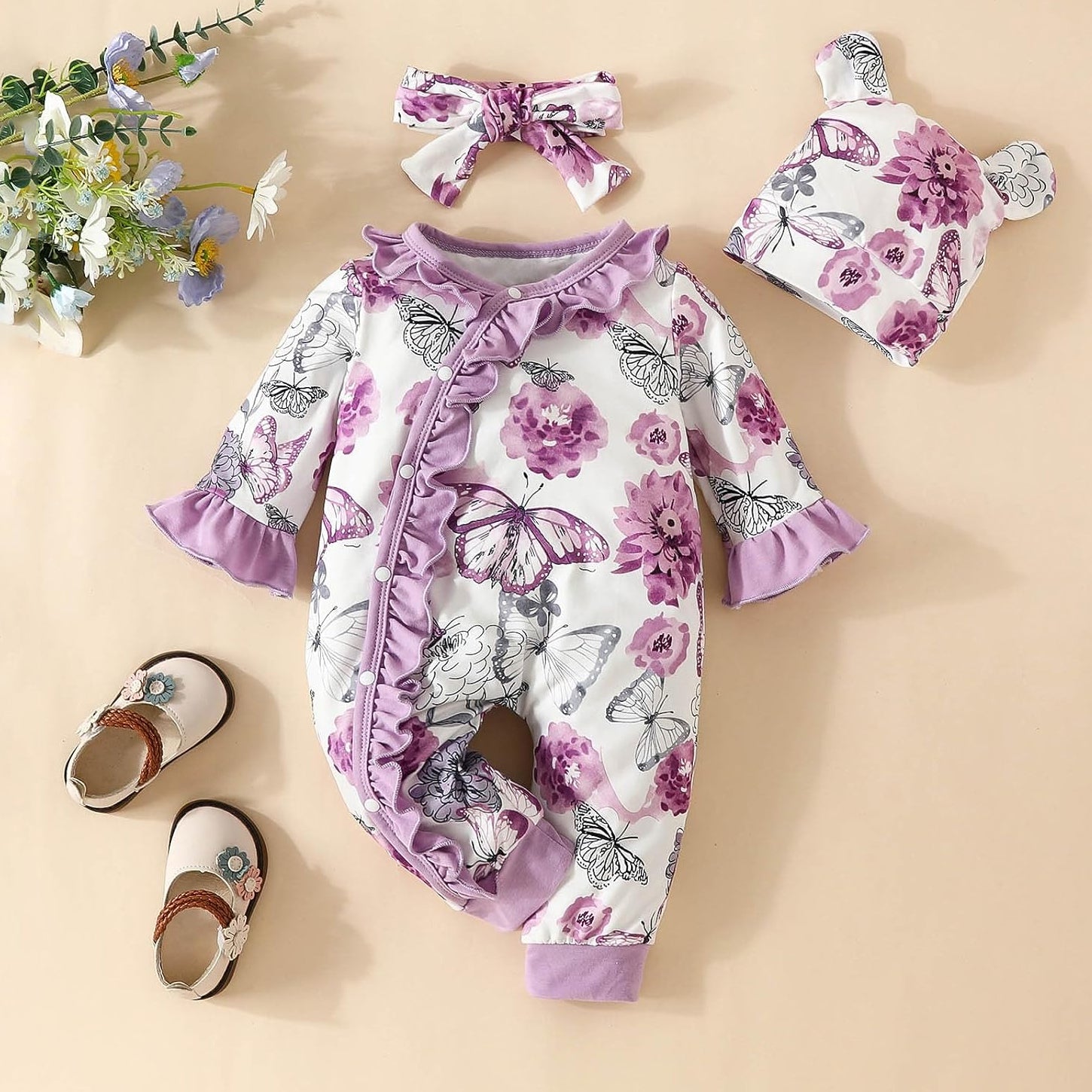 2PCS Elegant Floral Butterfly Printed Bow Long Sleeve Baby Jumpsuit