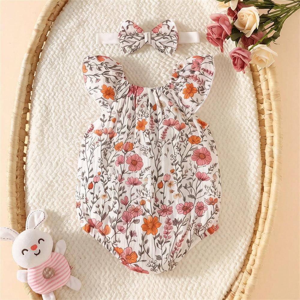2PCS Adorable Floral Print Flutter Sleeve Baby Romper