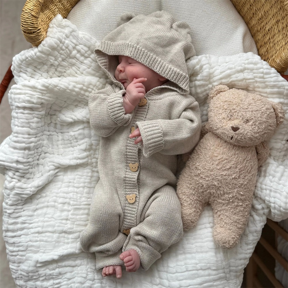 Cozy Solid Color Knit Long Sleeve Baby Hooded Jumpsuit