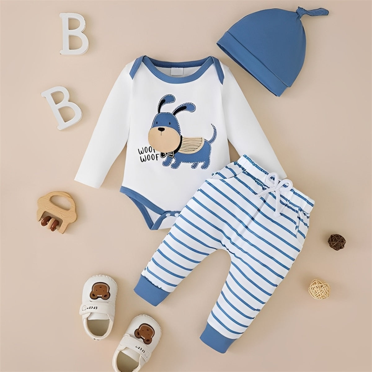 3PCS Dog Stripe Print Long Sleeve Baby Set