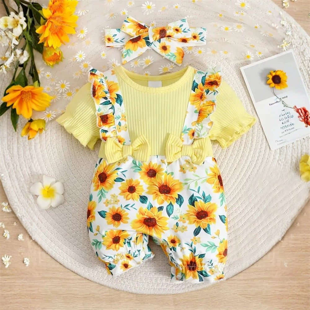 2PCS Pretty Sunflower Printed Short Sleeve Baby Jumpsuit