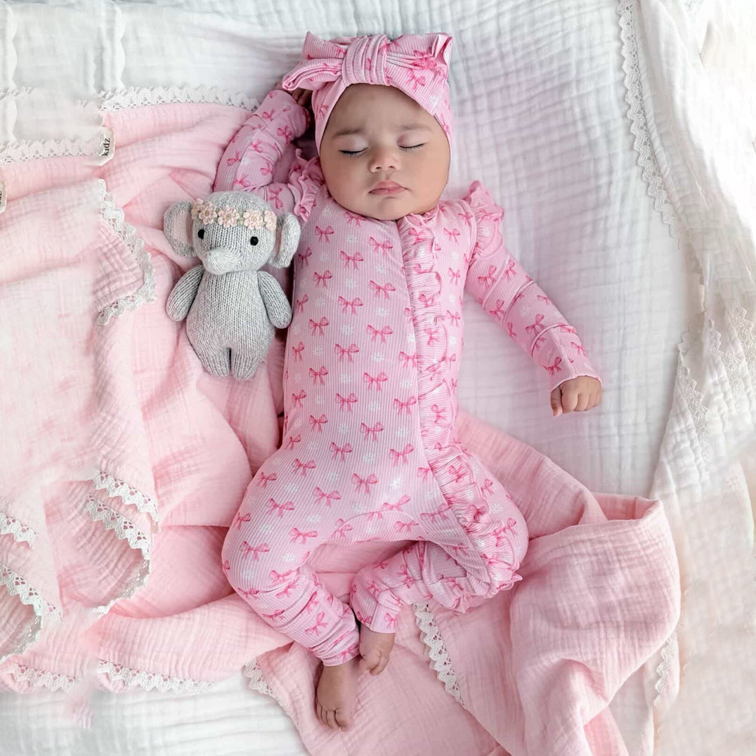 2PCS Adorable Bow Print Long Sleeve Zipper Baby Jumpsuit