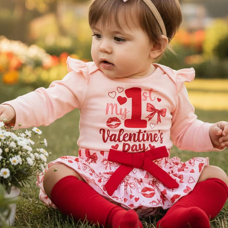 4PCS My 1st Valentine's Day Letter Heart Print Baby Set