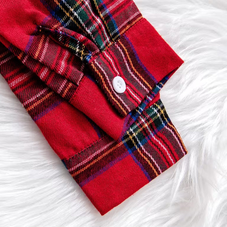 Sweet Christmas Tree Embroidered Plaid Printed Long Sleeve Baby Girl Jumpsuit