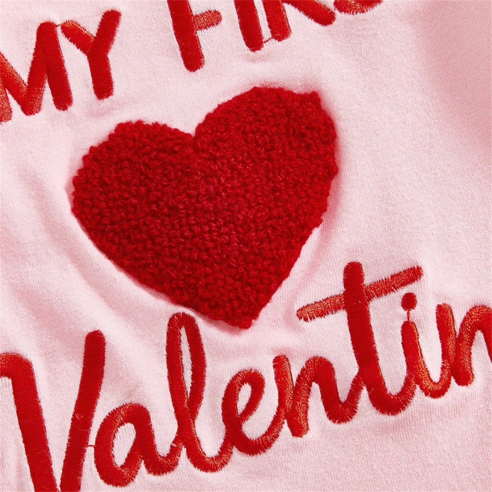 3PCS My First Valentine Letter Embroidery Bow Print Baby Set