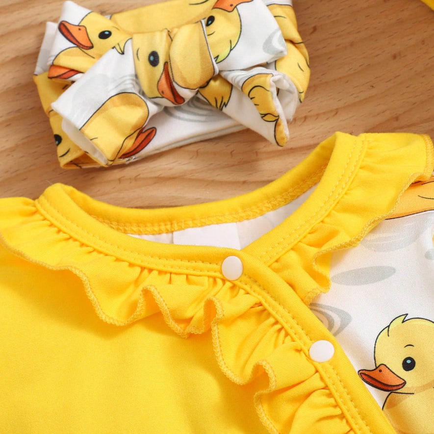 3PCS Little Yellow Duck Print Long Sleeve Baby Girl Jumpsuit