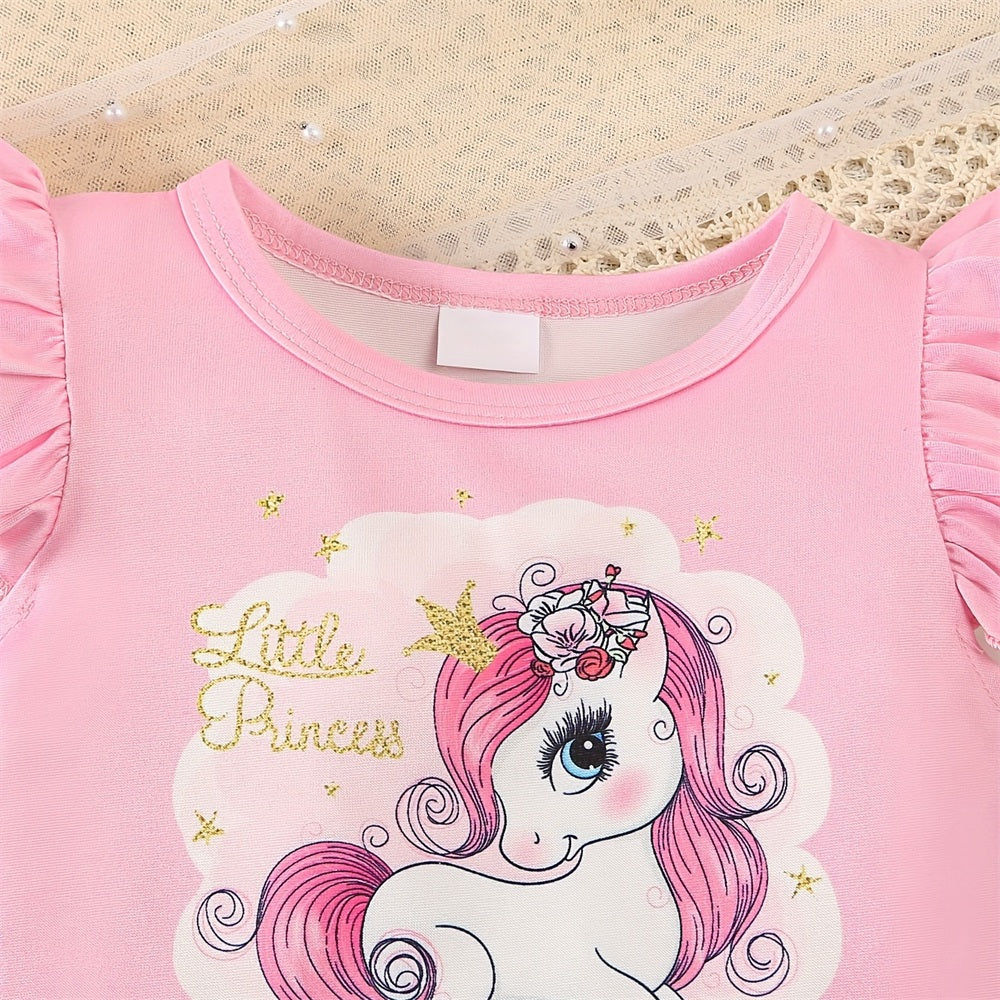 2PCS Lovely Pony Print Flutter Sleeve Baby Girl Set