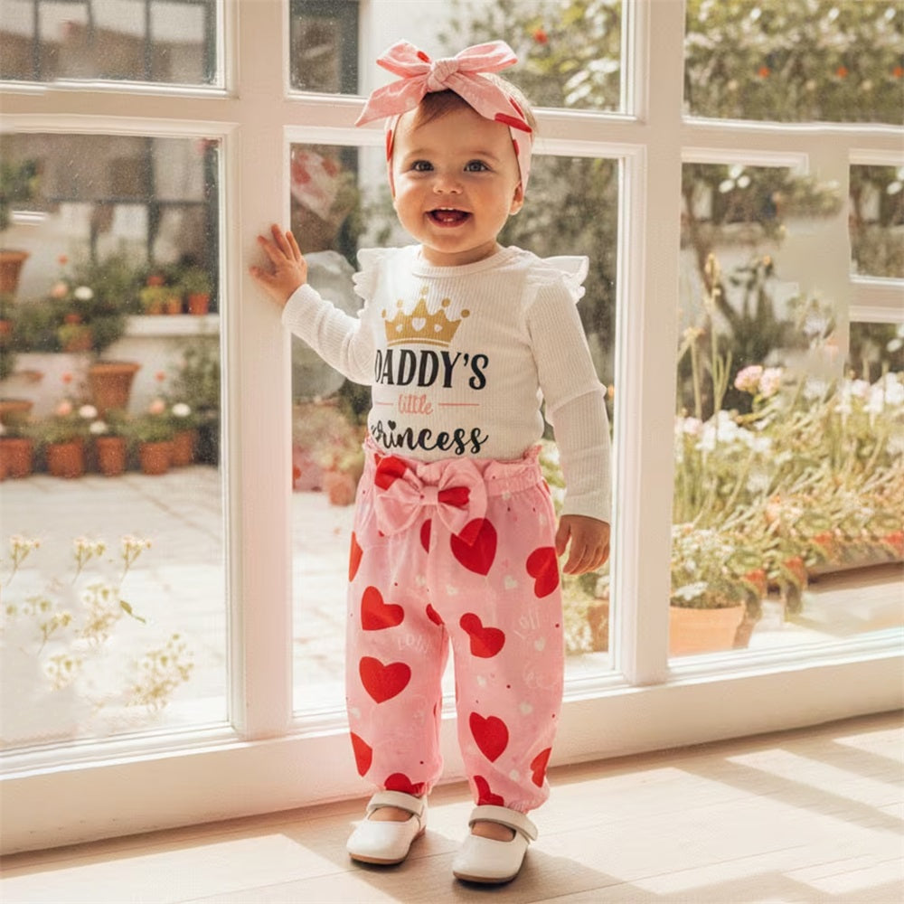 3PCS Daddy's Little Princess Letter Heart Print Long Sleeve Baby Set