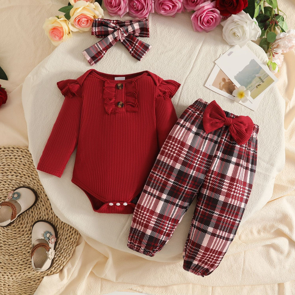 3PCS Classy Plaid Print Long Sleeve Baby Set