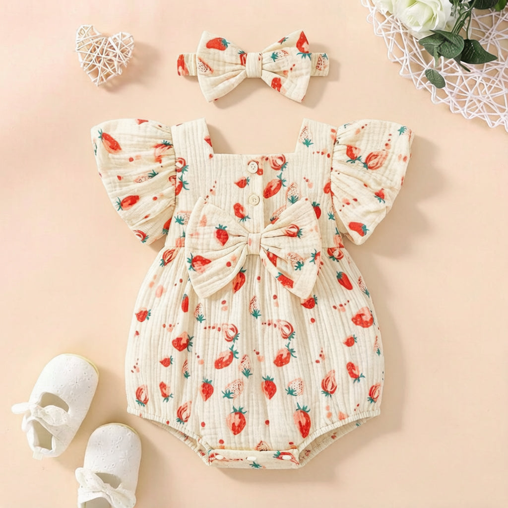 2PCS Cute Strawberry Print Bowknot Flutter Sleeve Baby Romper