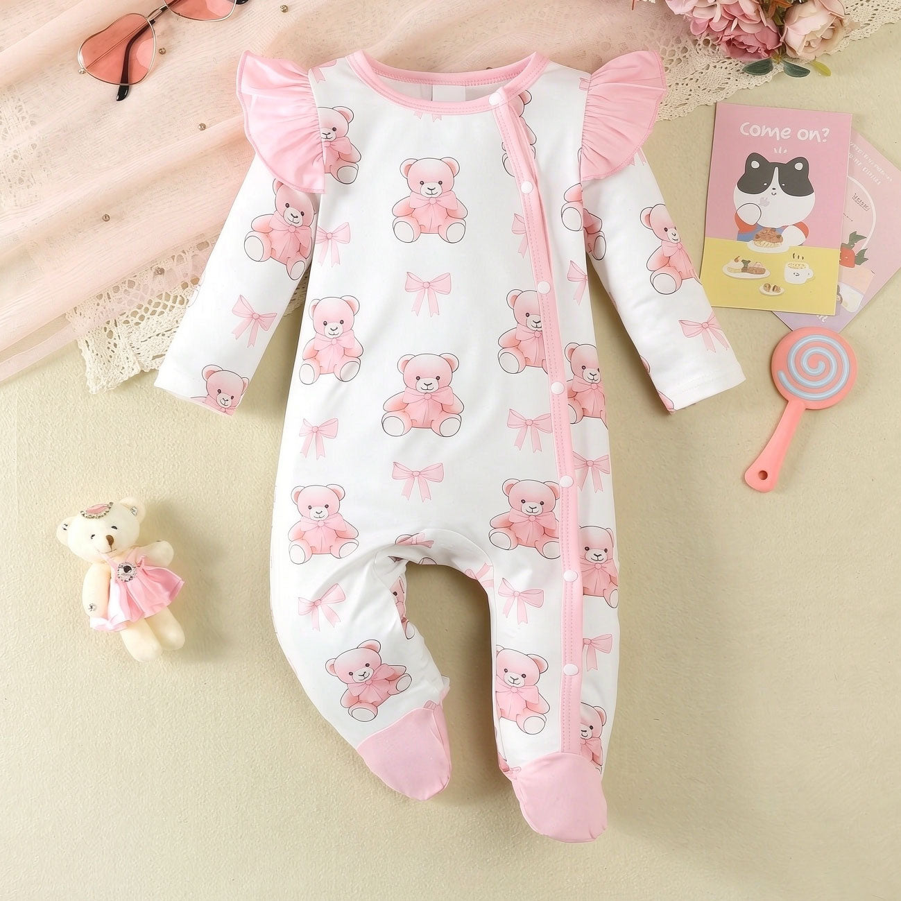 Sweet Bear Bowknot Print Ruffle Long Sleeve Baby Jumpsuit