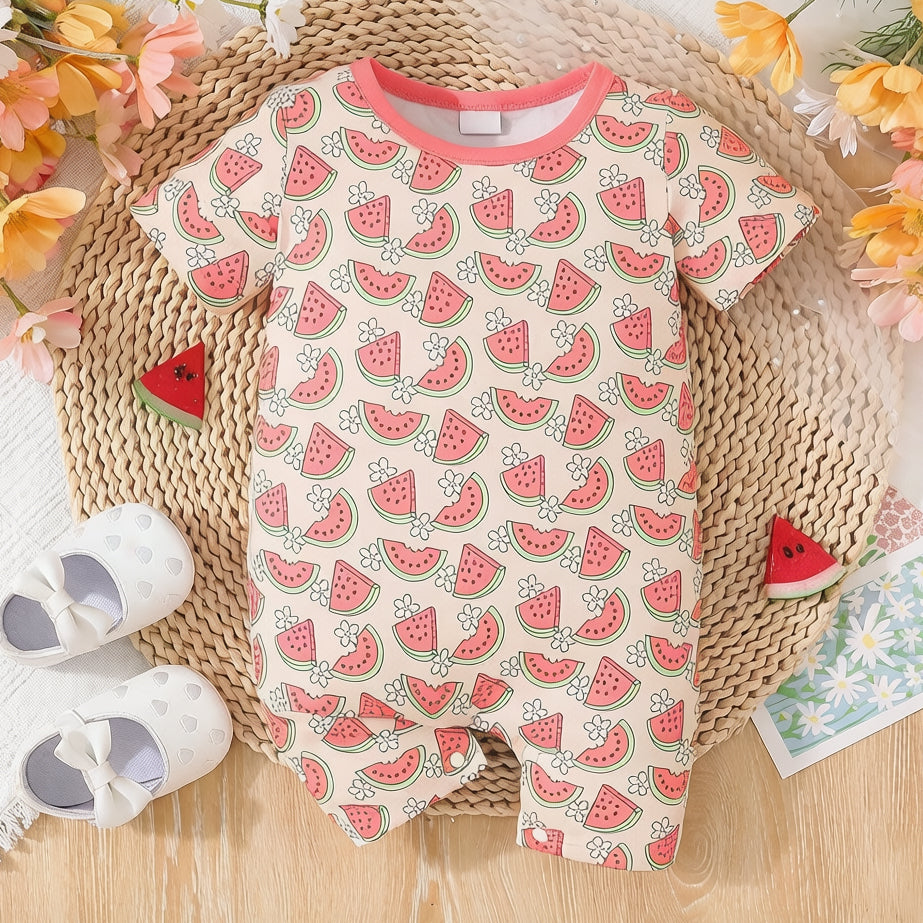Lovely Watermelon Print Short Sleeve Baby Girl Jumpsuit
