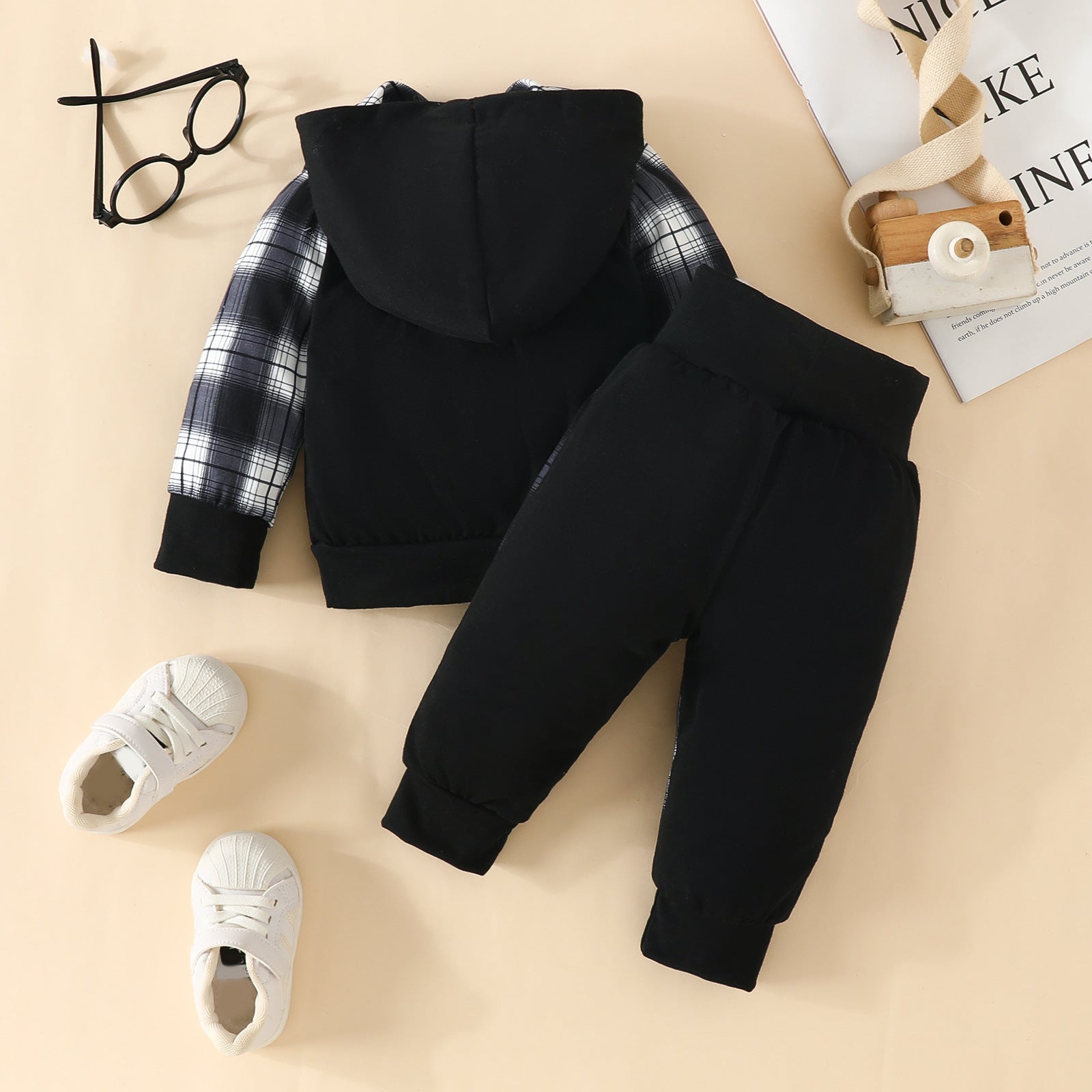 2PCS Plaid Letter Printed Hooded Long Sleeve Baby Set