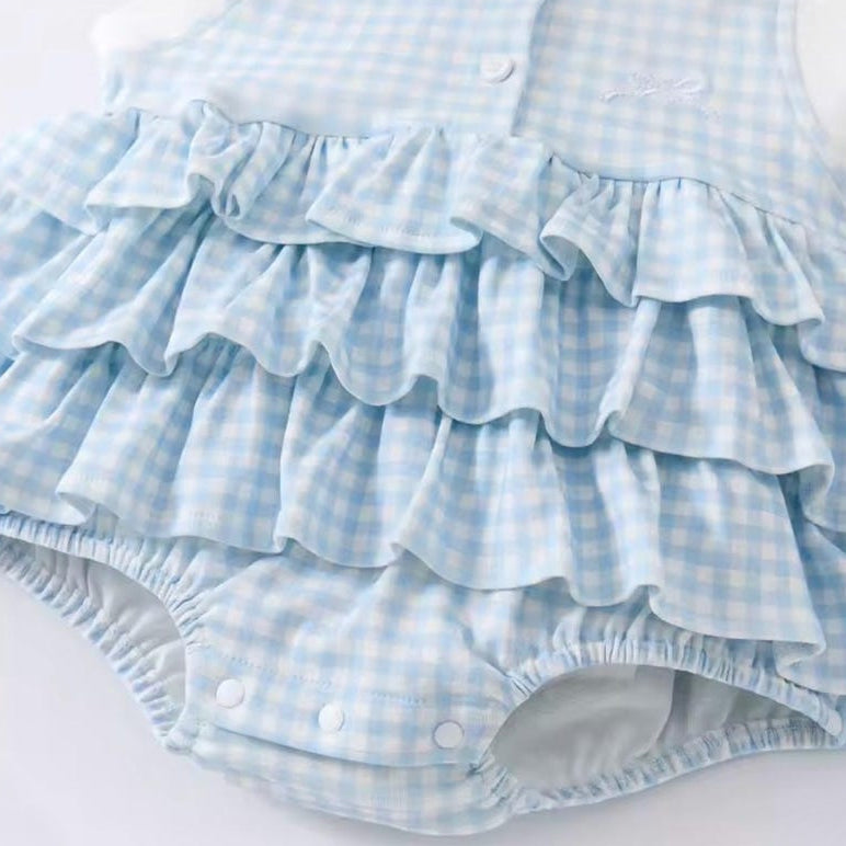 Stylish Plaid Print Ruffled Design Sleeveless Baby Romper