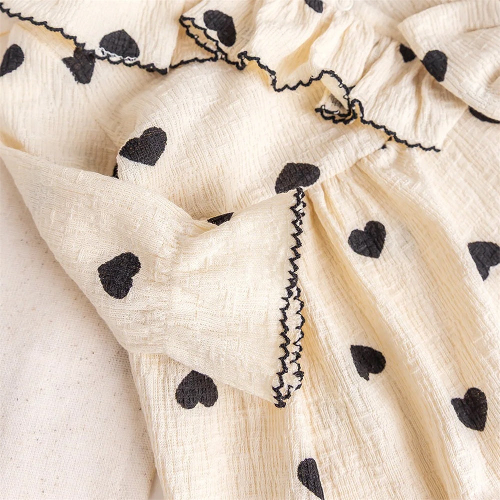 2PCS Grace Heart Print Ruffle Decor Long Sleeve Baby Jumpsuit