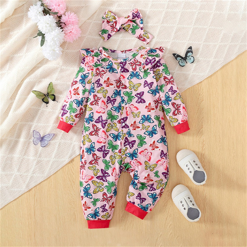 2PCS Fashionable Butterfly Print Long Sleeve Baby Jumpsuit