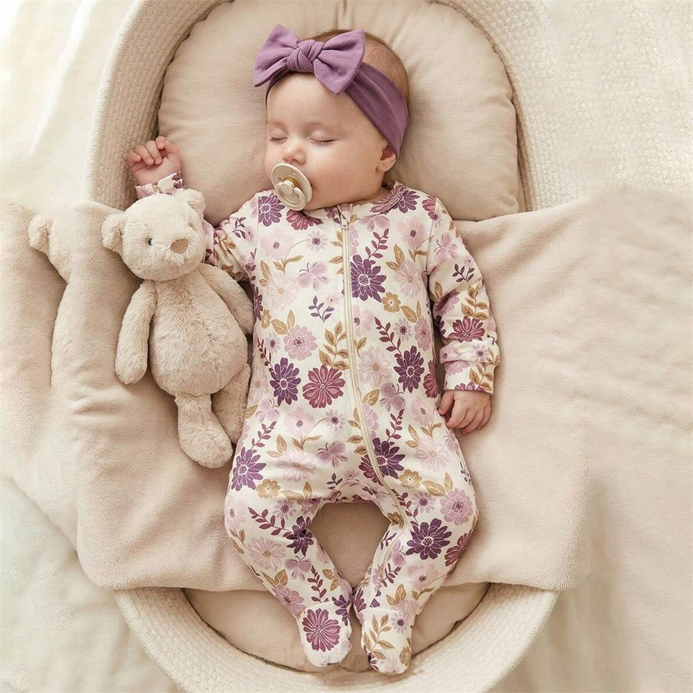Casual Floral Print Long Sleeve Zip Baby Jumpsuit