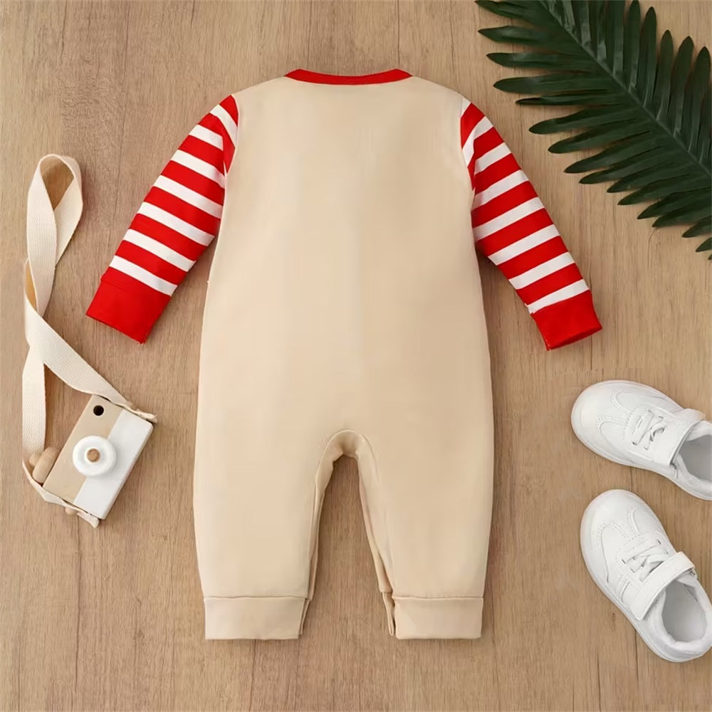 Christmas Santa Claus Print Striped Long Sleeve Baby Jumpsuit