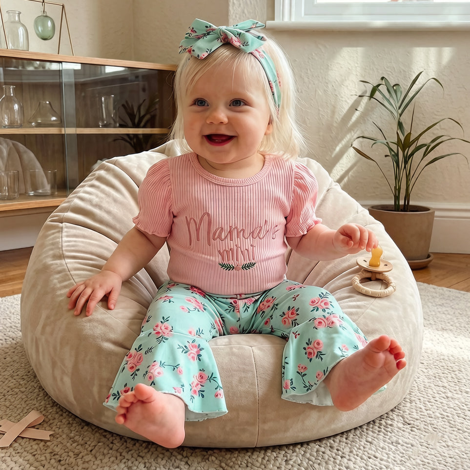 3PCS Mama's Mini Letter Floral Print Short Sleeve Baby Set