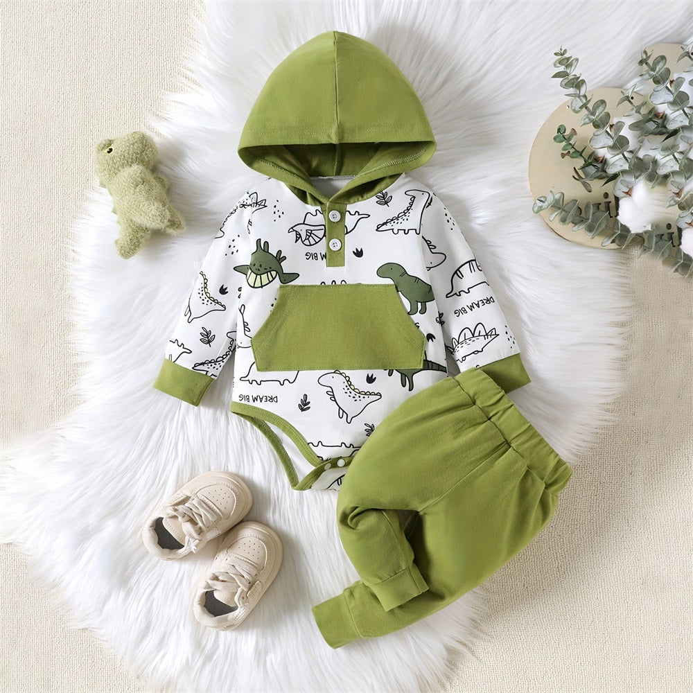 2PCS Casual Dinosaur Print Long Sleeve Baby Hooded Set