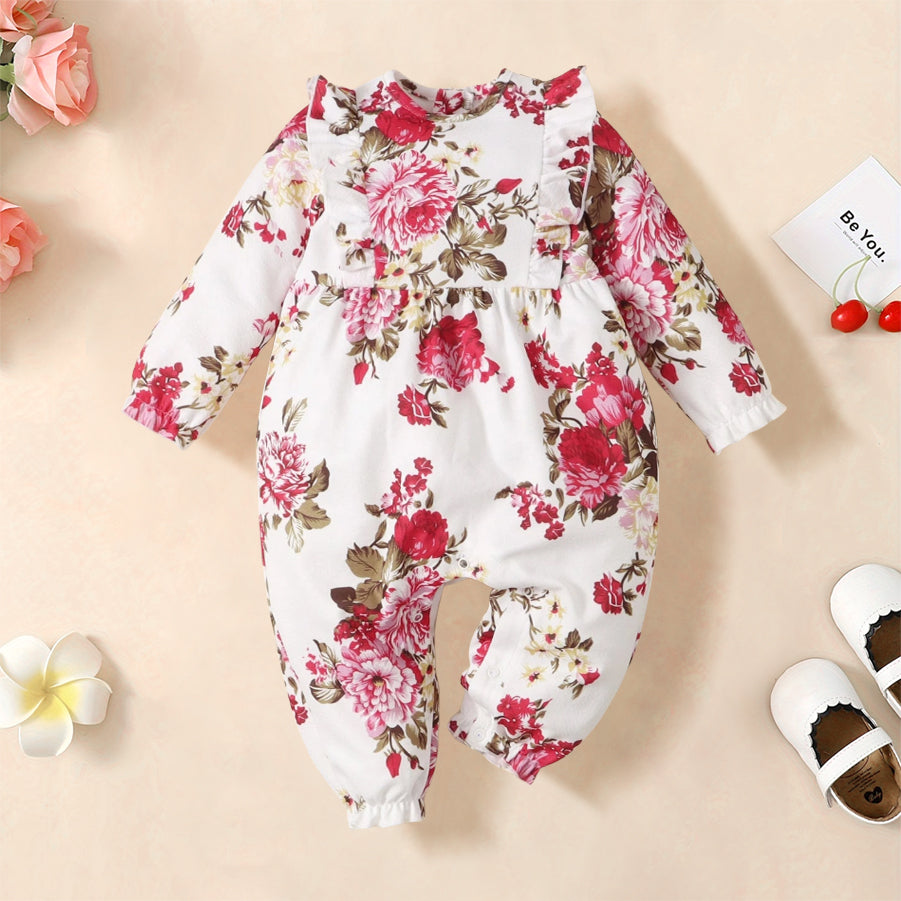 Delightful Floral Print Long Sleeve Baby Jumpsuit