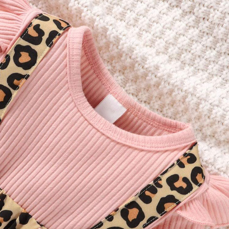 2PCS Sweet Color-Blocked Leopard Printed Long Sleeve Baby Romper