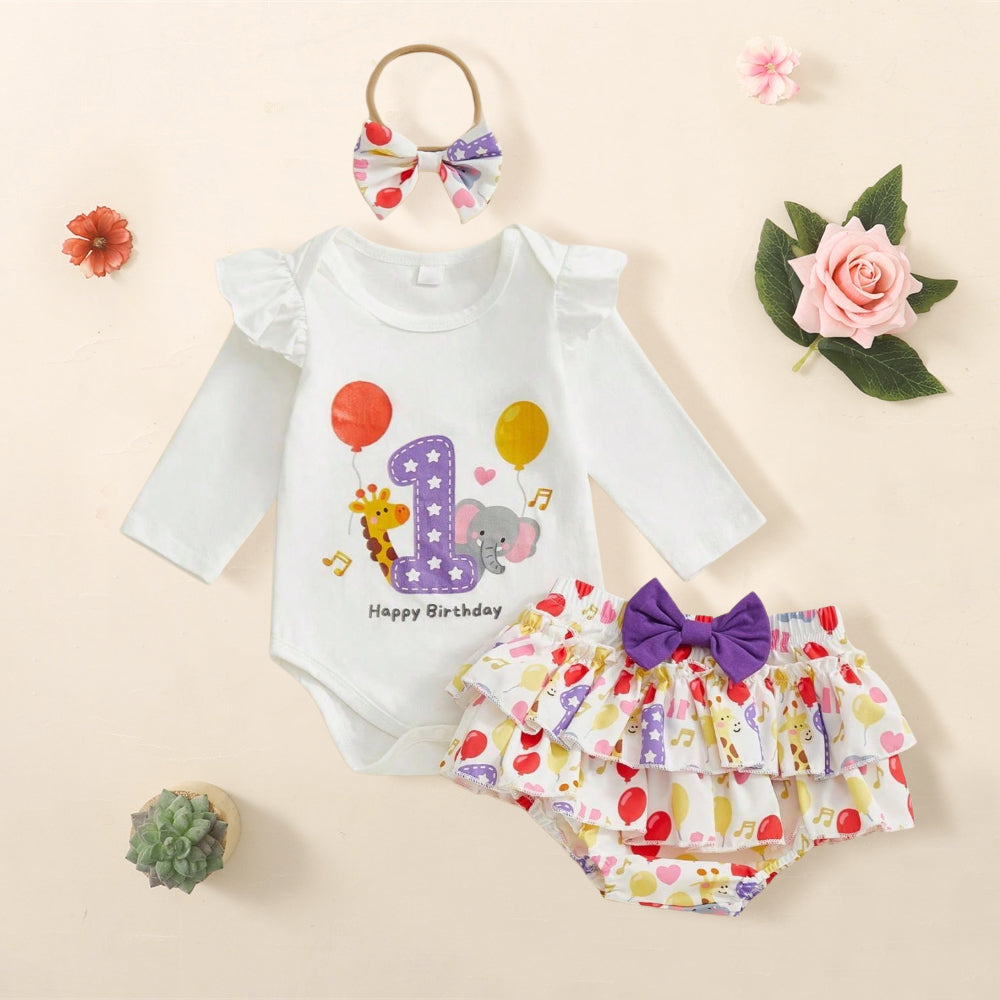 3PCS Happy Birthday Letter Animal Printed Baby Set