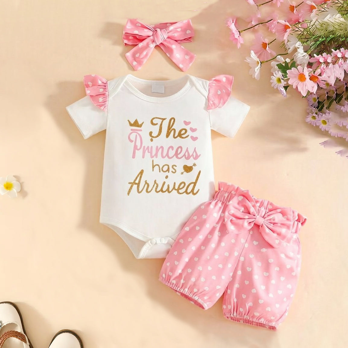 3PCS The Princess Letter Polka Dots Print Short Sleeve Baby Set