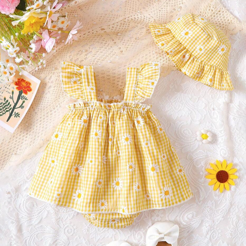 2PCS Grace Daisy Plaid Print Appliqué Flutter Sleeve Baby Romper