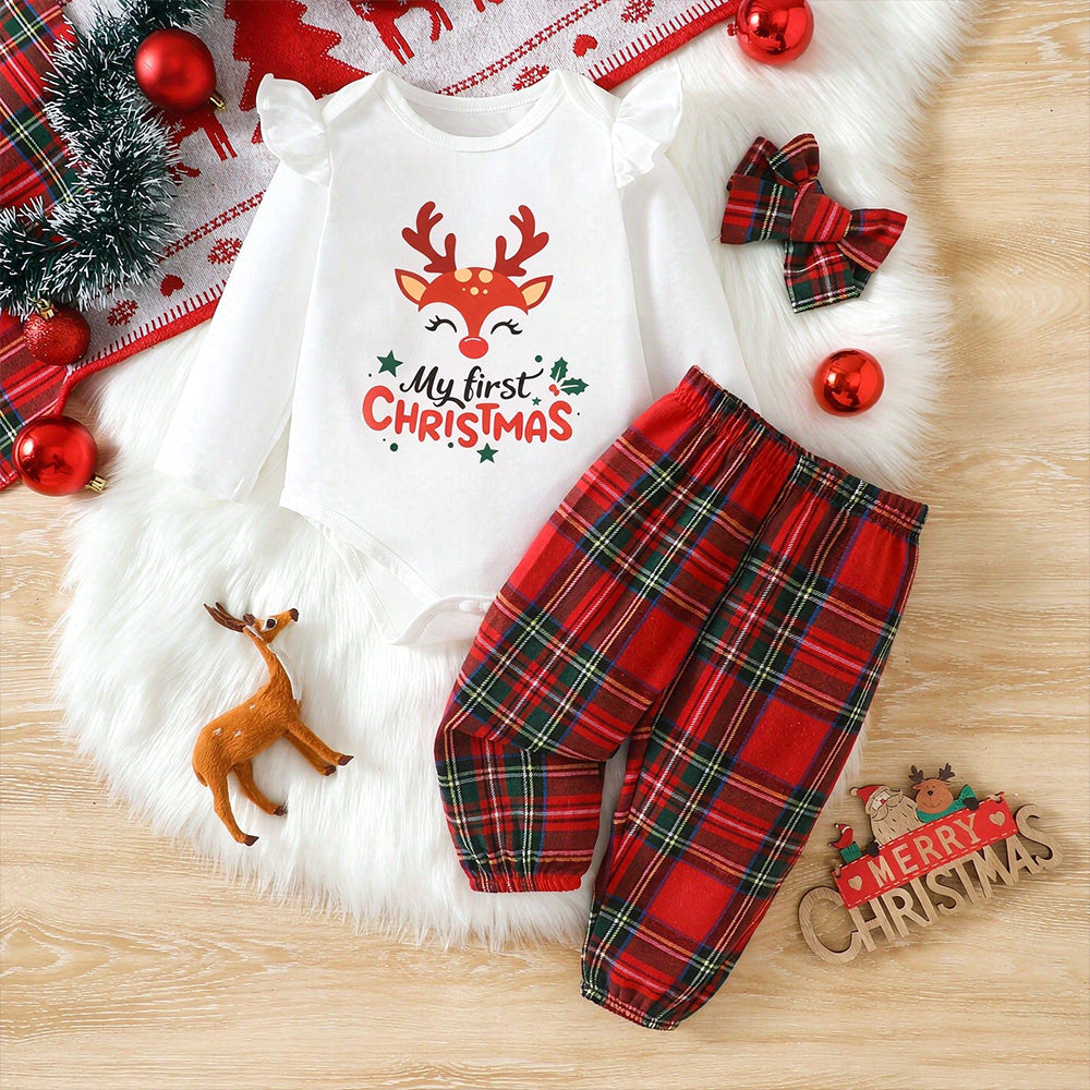 3PCS Merry Christmas Letter Plaid Print Long Sleeve Baby Set