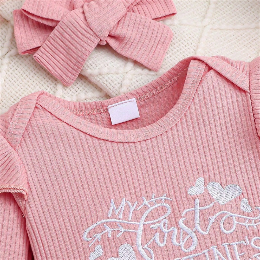 3PCS My First Valentine's Day Letter Embroidery Heart Print Baby Set