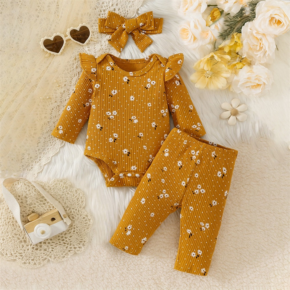 3PCS Stylish Cute Floral Printed Long Sleeve Baby Set