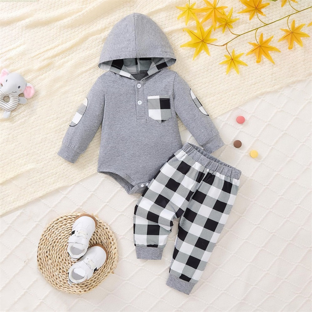 2PCS Casual Plaid Print Long Sleeve Baby Hooded Set
