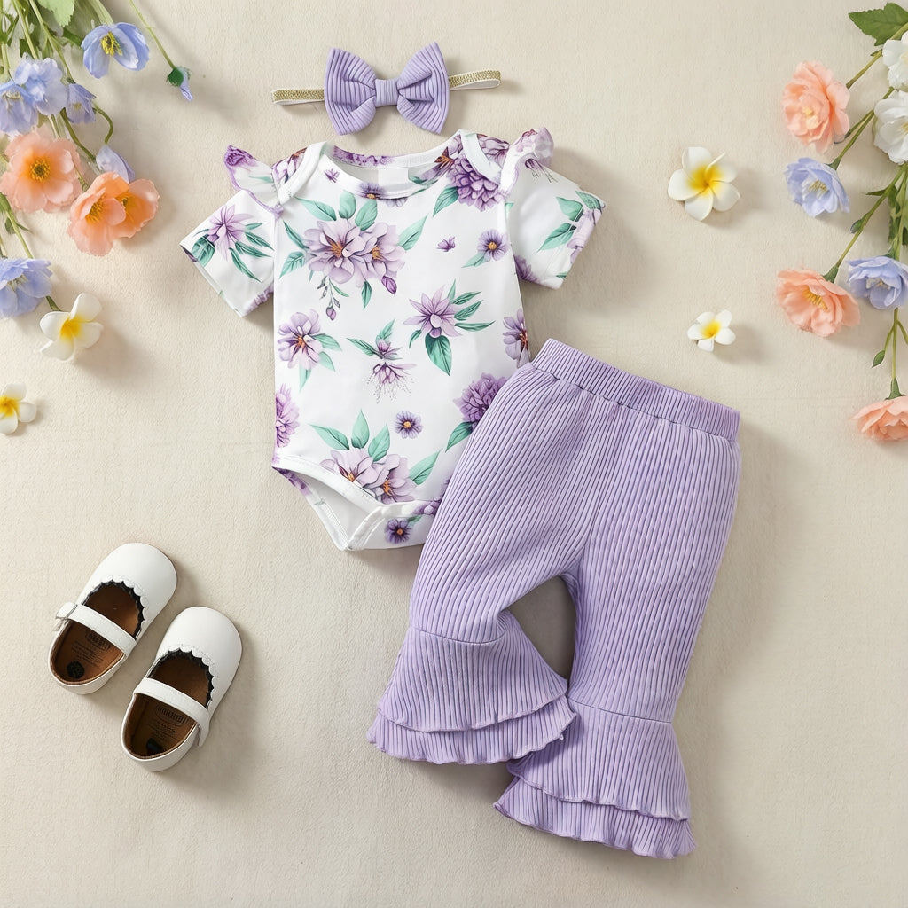 3PCS Adorable Floral Print Ruffled Short Sleeve Baby Set