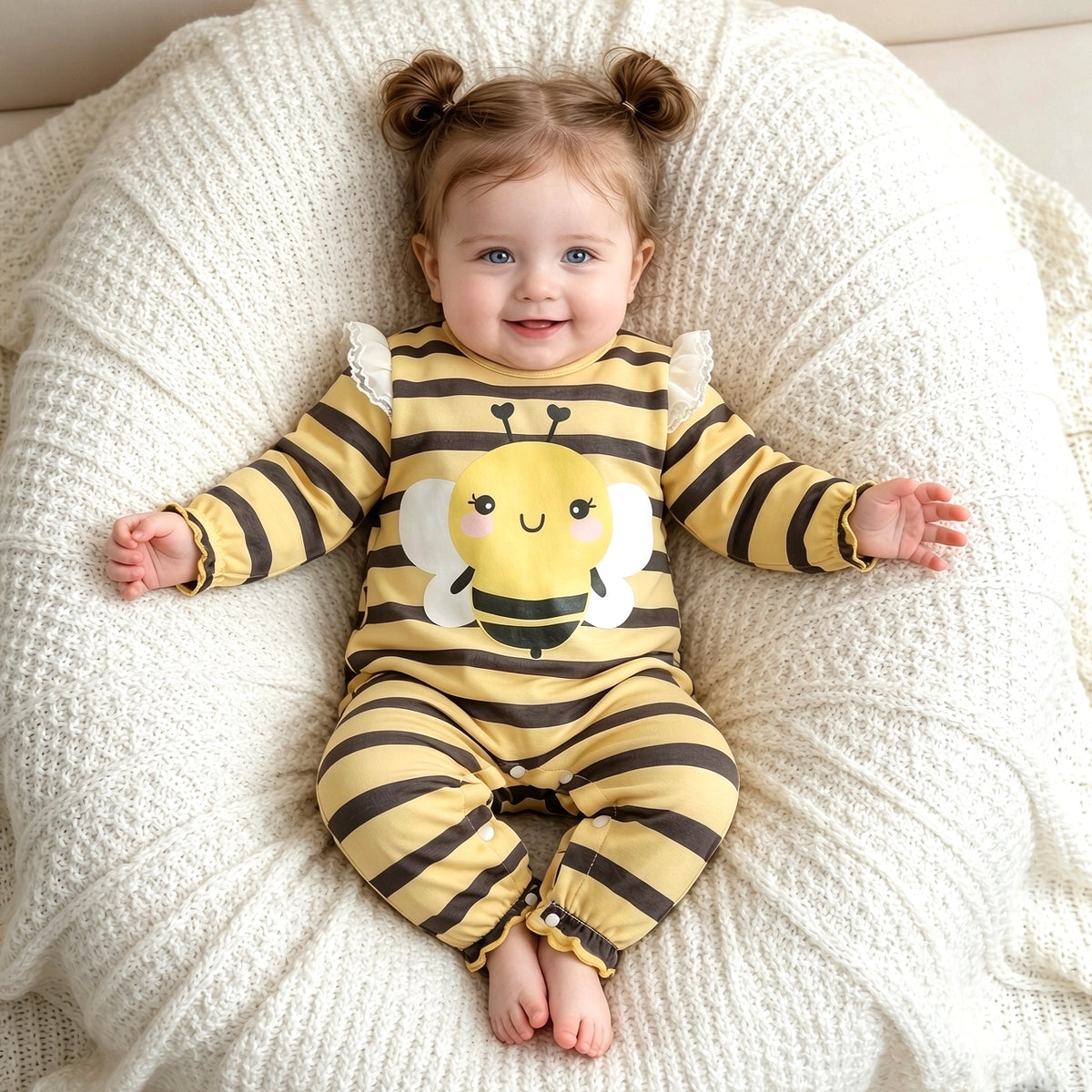 Lovely Bee Stripe Print Long Sleeve Baby Girl Jumpsuit