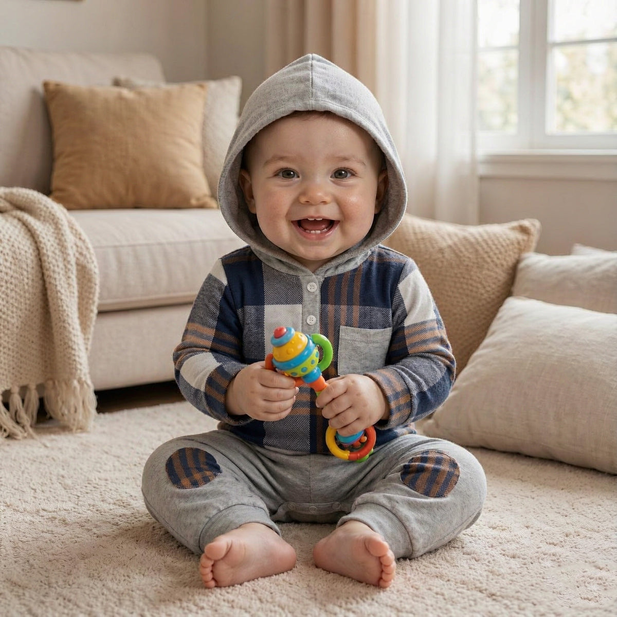 2PCS Cozy Plaid Print Long Sleeve Hoodie Baby Boy Set