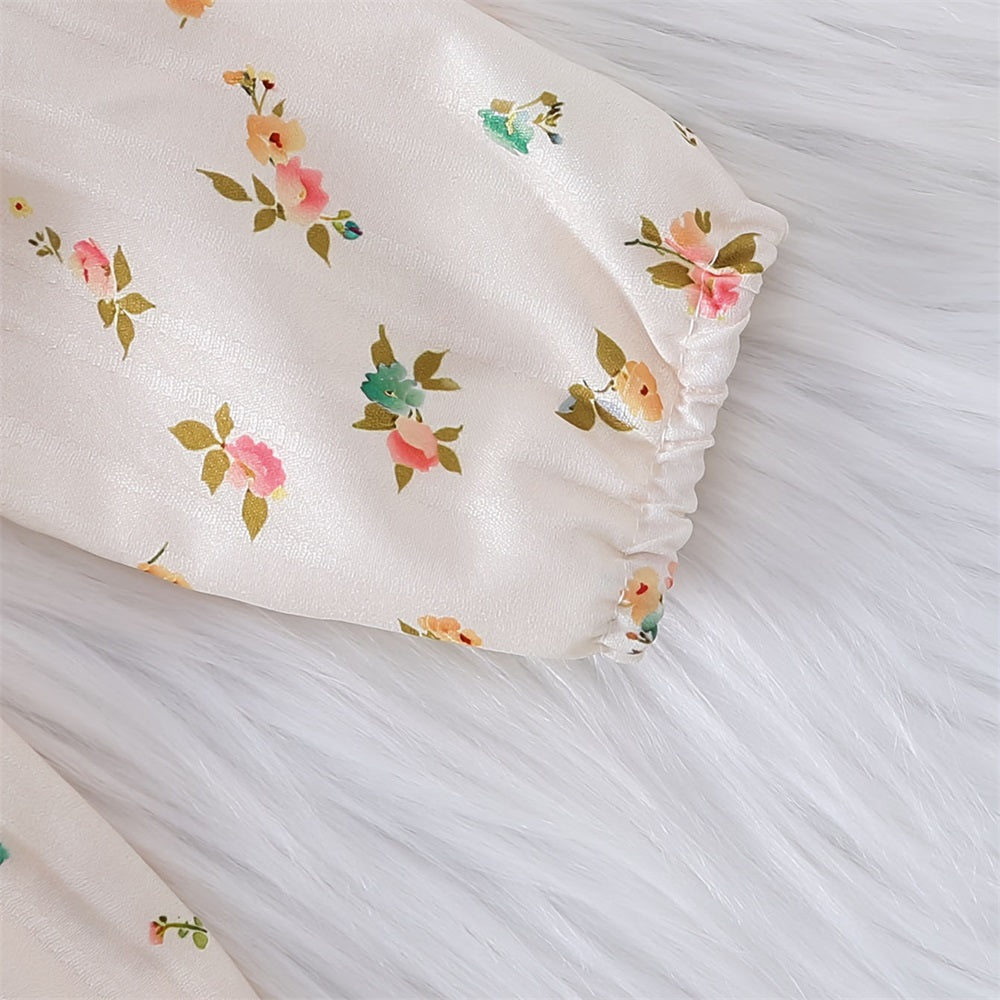 2PCS Allover Floral Printed Bowknot Baby Jumpsuit