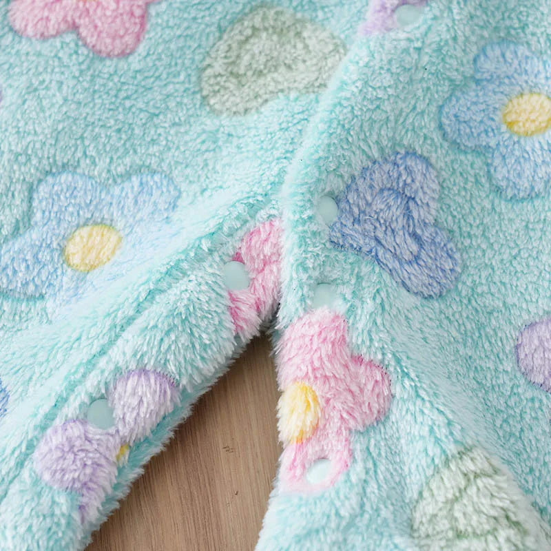 Cute Floral Print Plush Long Sleeve Hooded Baby Jumpsuit