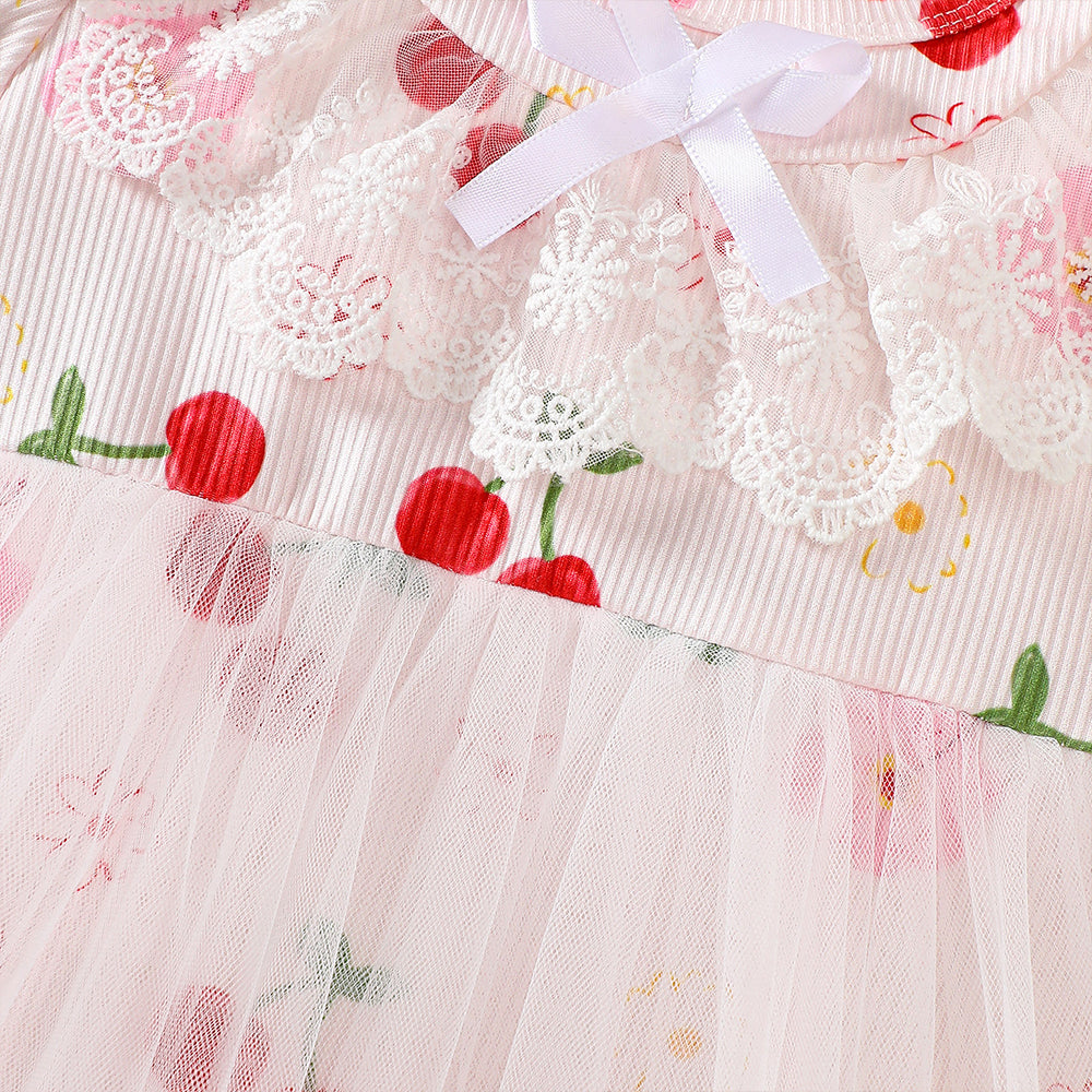 2PCS Adorable Cherry Print Tulle Short Sleeve Baby Romper