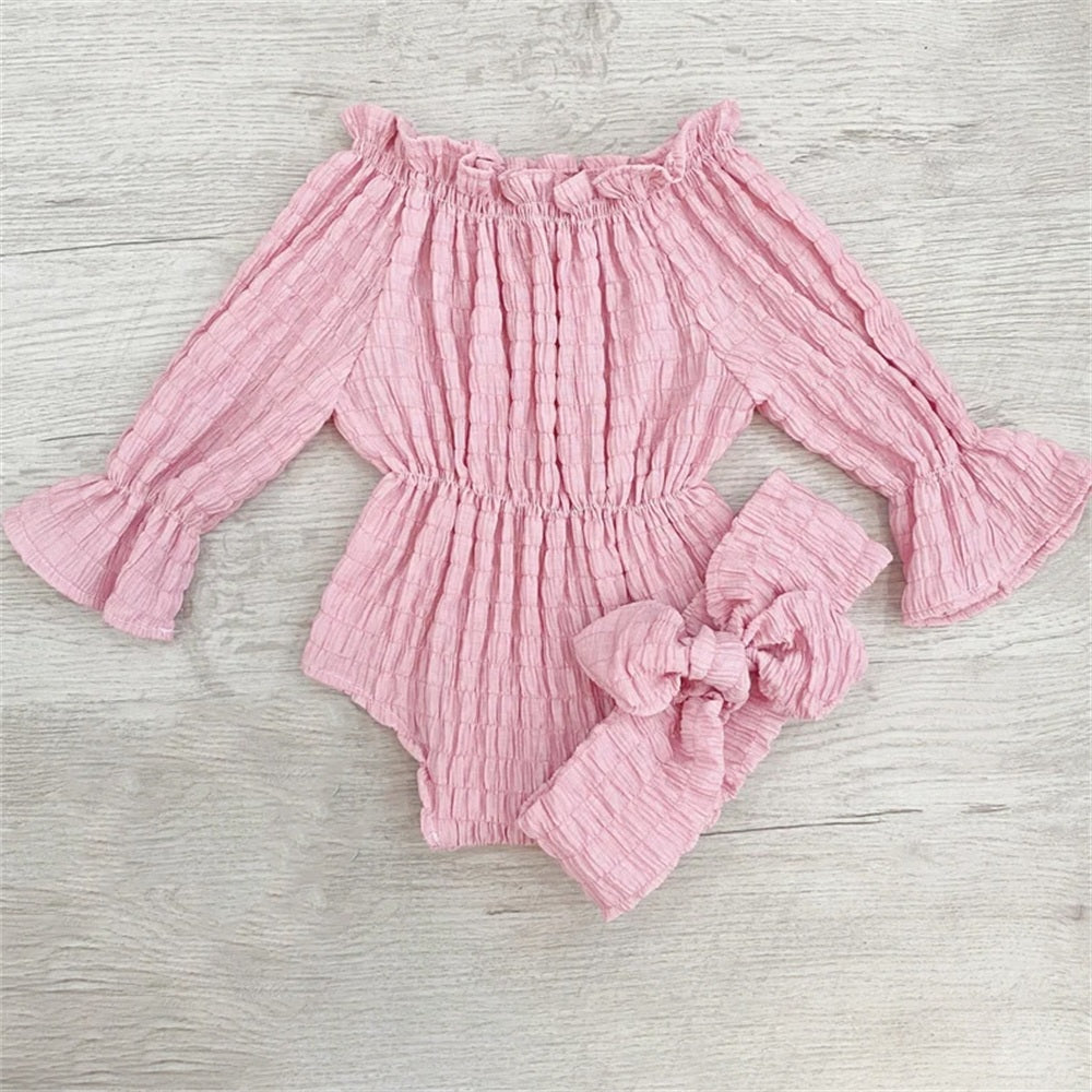 2PCS Lovely Solid Color Crinkle Grid Baby Romper