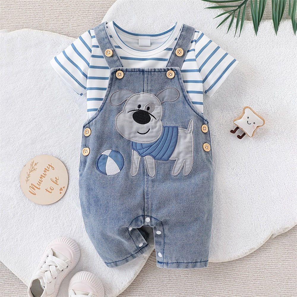 2PCS Cute Puppy Printed Striped Short Sleeve Baby Denim Overalls Set