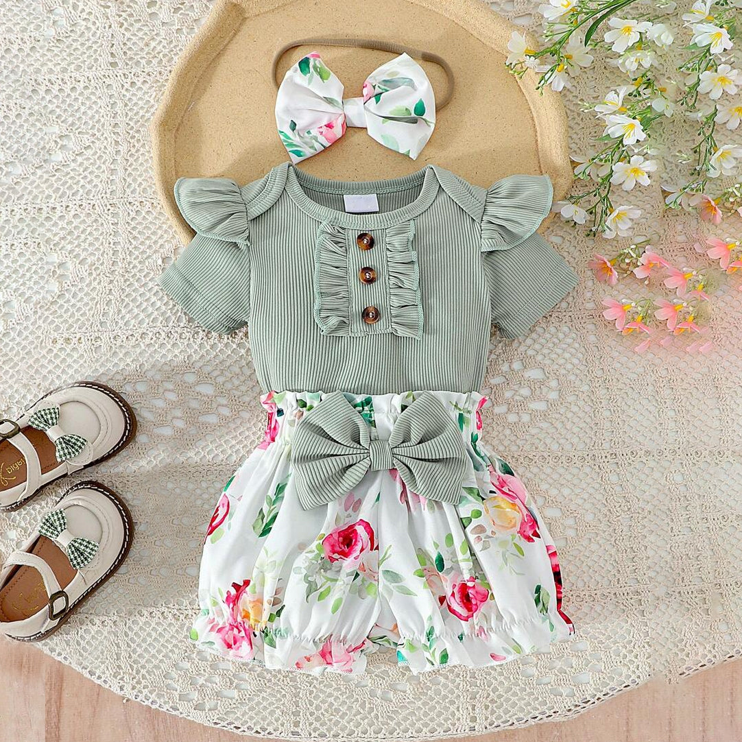 3PCS Trendy Floral Printed Short Sleeve Baby Set