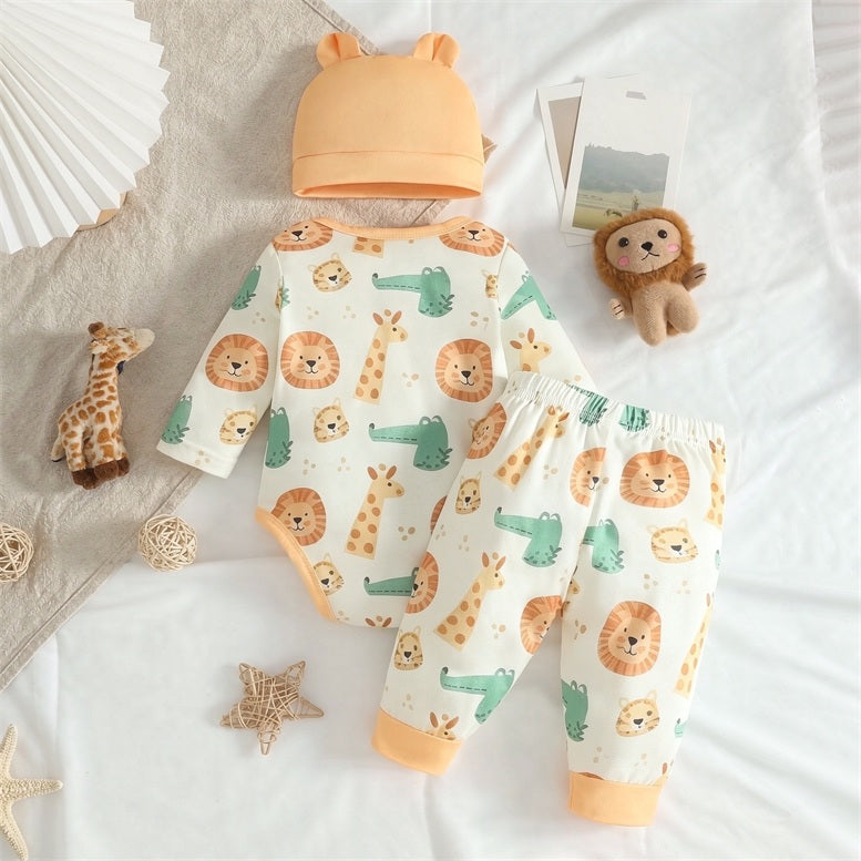 3PCS Lovely Lion Giraffe Print Long Sleeve Baby Set