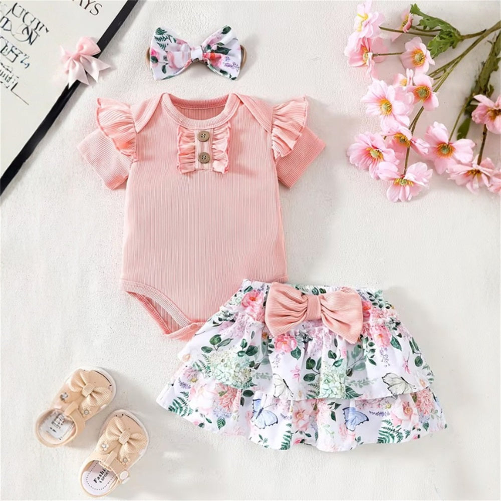 3PCS Fashion Floral Printed Bow Short Sleeve Baby Set