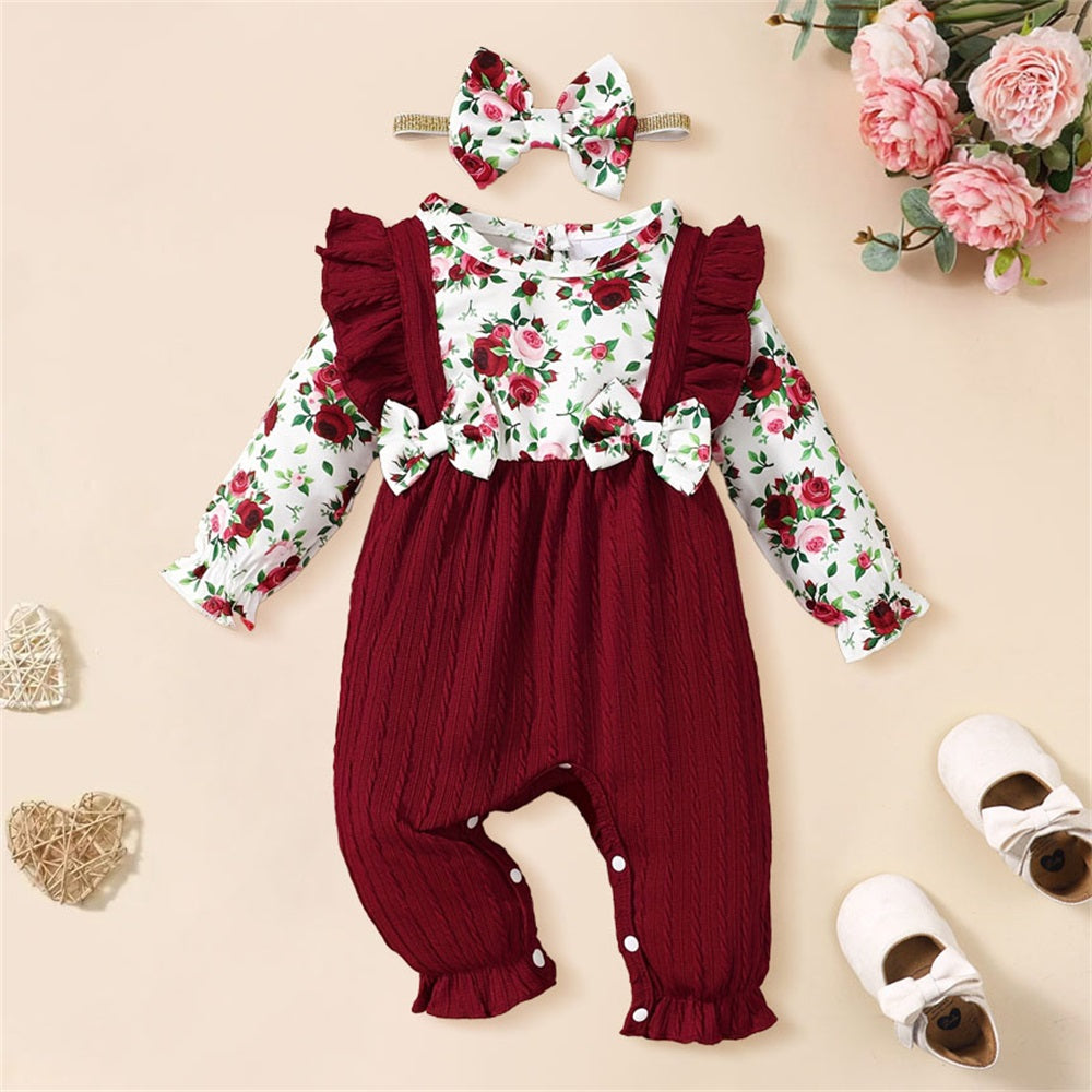 2PCS Exquisite Floral Printed Long Sleeve Baby Jumpsuit