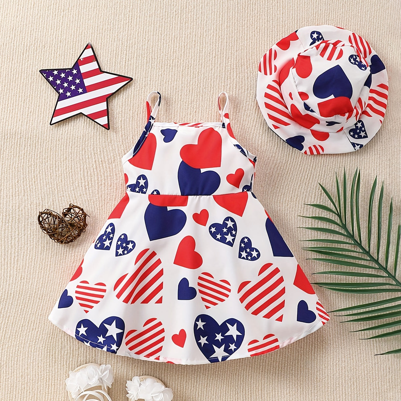 2PCS Independence Day Style Heart Full Printed Baby Cami Dress