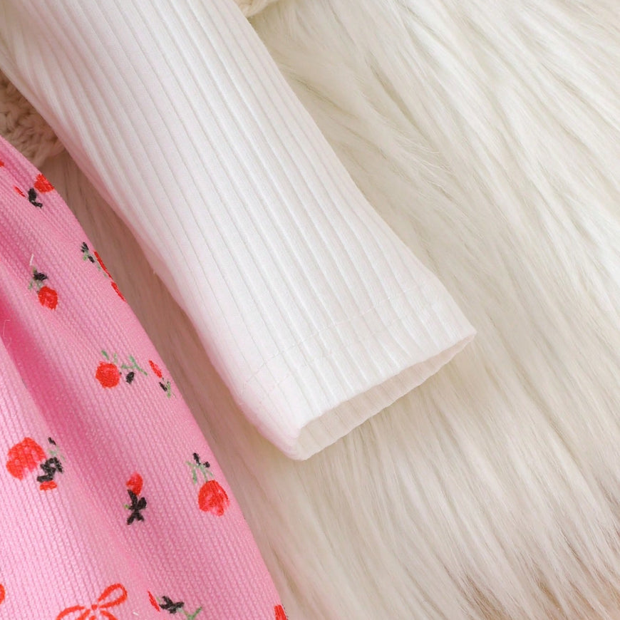 2PCS Lovely Floral Bow Printed Ruffle Baby Jumpsuit