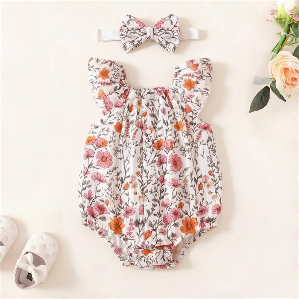 2PCS Adorable Floral Print Flutter Sleeve Baby Romper